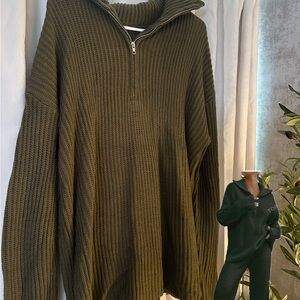 Olive Green Ribbed Half-Zip Sweater And Pants Set